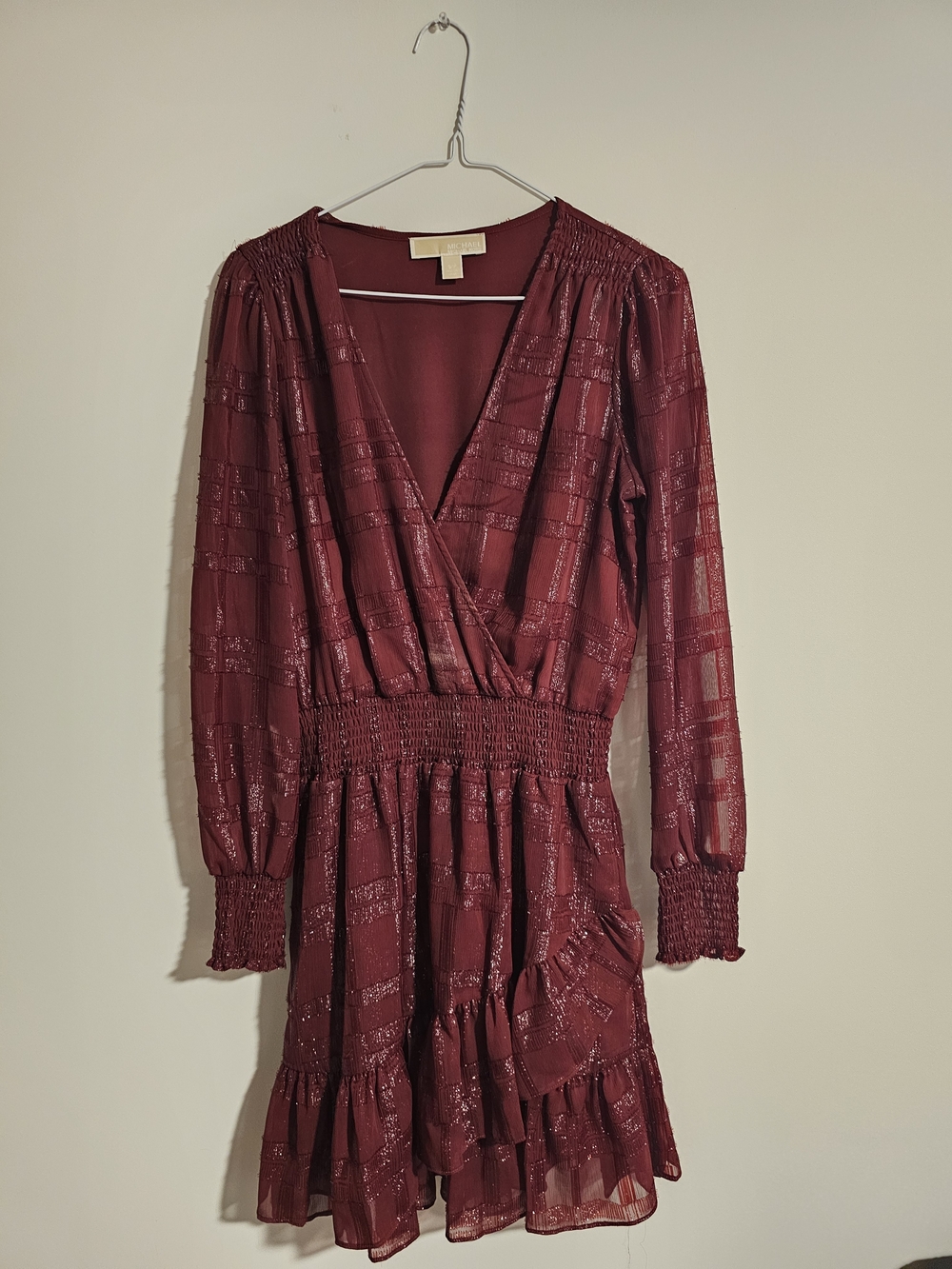 Michael Kors Burgundy Long-Sleeve Smocked Waist Wrap Dress